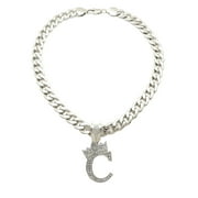 iJewelry2 Kings and Queens Crowned Initial Letter C Crystals Pendant Silver-tone Cuban Linked Chain Necklace