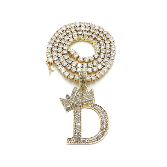 iJewelry2 Kings and Queens Crowned Initial Letter D Pendant Gold-tone CZ Tennis Chain Necklace 20''