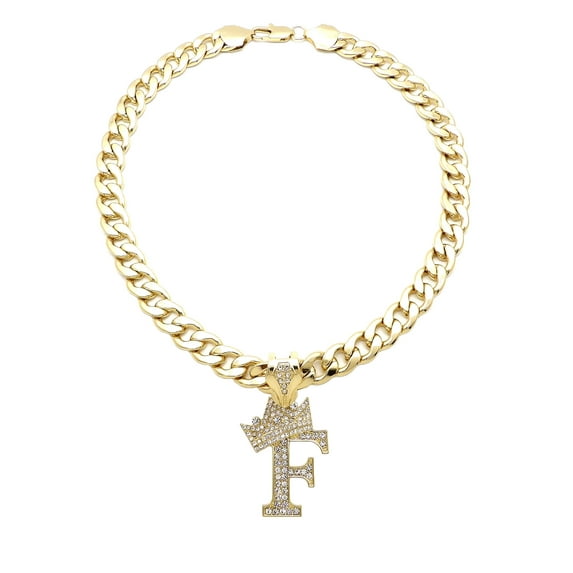 iJewelry2 Kings and Queens Crowned Initial Letter F Crystals Pendant Gold-tone Cuban Linked Chain Necklace