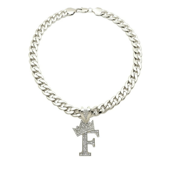 iJewelry2 Kings and Queens Crowned Initial Letter F Crystals Pendant Silver-tone Cuban Linked Chain Necklace