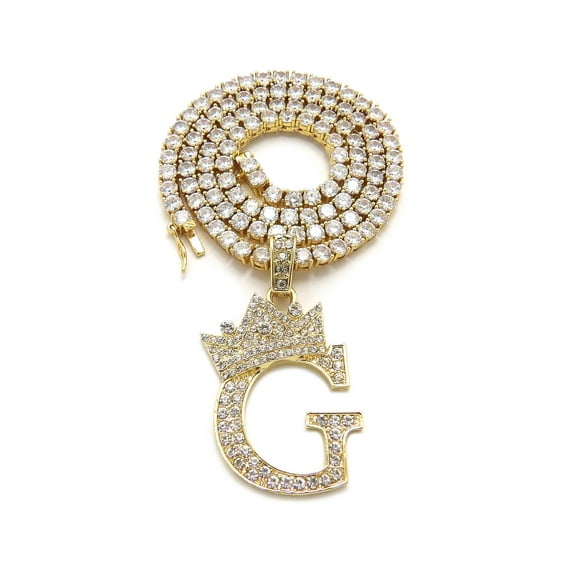 iJewelry2 Kings and Queens Crowned Initial Letter G Pendant Gold-tone CZ Tennis Chain Necklace 18''