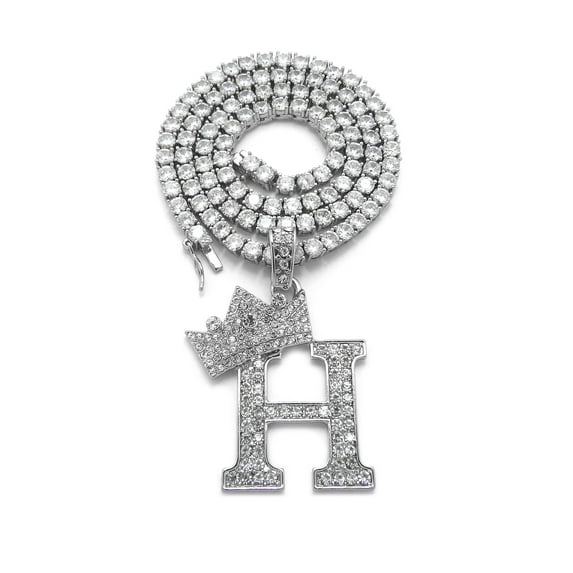 iJewelry2 Kings and Queens Crowned Initial Letter H Pendant Silver-tone CZ Tennis Chain Necklace 18''