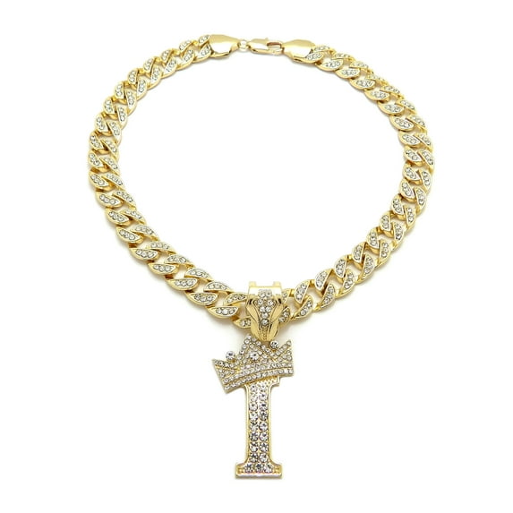 iJewelry2 Kings and Queens Crowned Initial Letter I Crystals Pendant Gold-tone Cuban Linked Chain Necklace