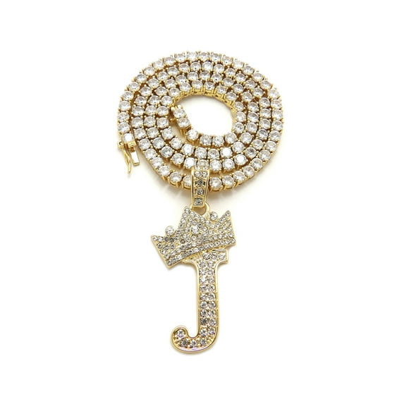 iJewelry2 Kings and Queens Crowned Initial Letter J Pendant Gold-tone CZ Tennis Chain Necklace 18''
