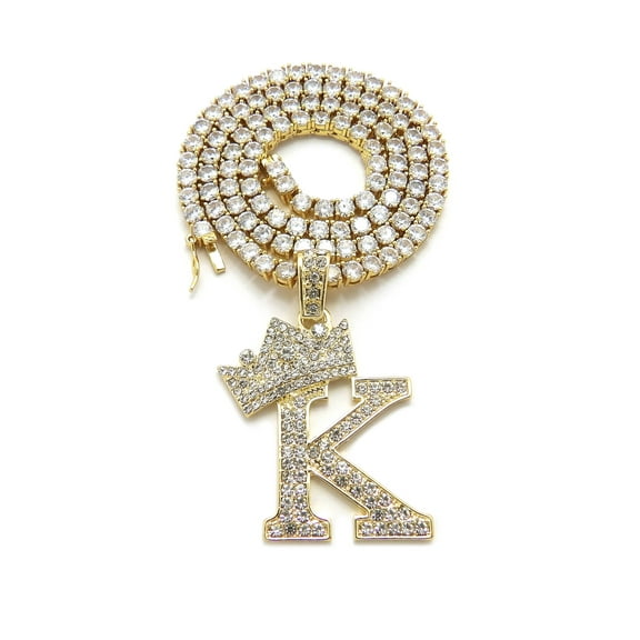 iJewelry2 Kings and Queens Crowned Initial Letter K Pendant Gold-tone CZ Tennis Chain Necklace 18''