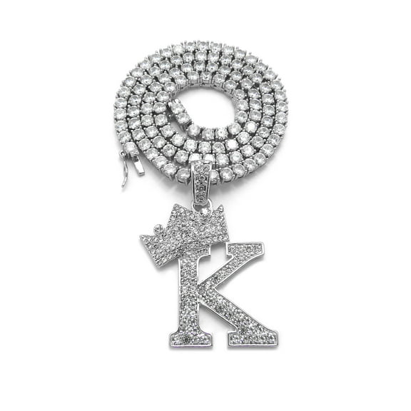iJewelry2 Kings and Queens Crowned Initial Letter K Pendant Silver-tone CZ Tennis Chain Necklace 20''