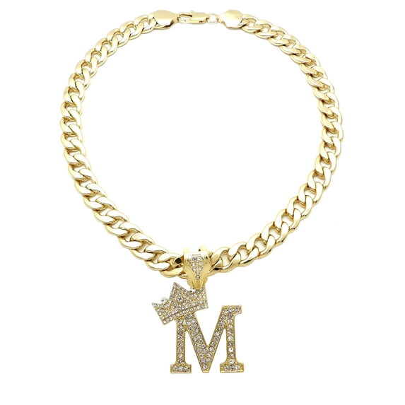 iJewelry2 Kings and Queens Crowned Initial Letter M Crystals Pendant Gold-tone Cuban Linked Chain Necklace