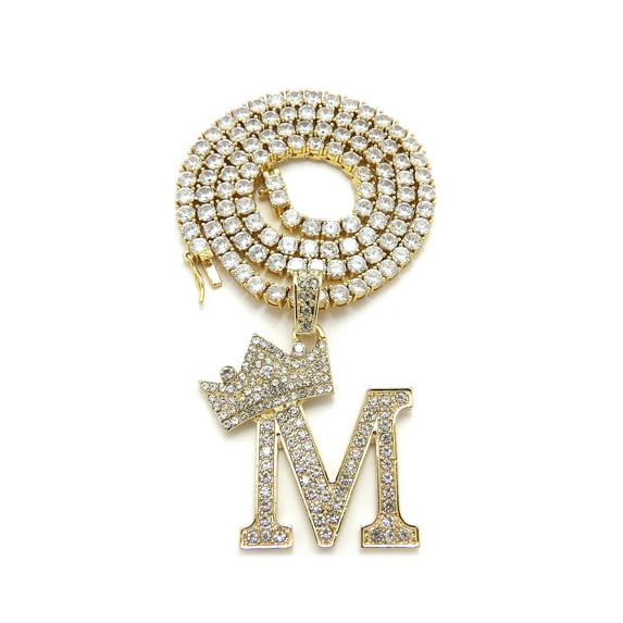 iJewelry2 Kings and Queens Crowned Initial Letter M Pendant Gold-tone CZ Tennis Chain Necklace 20''