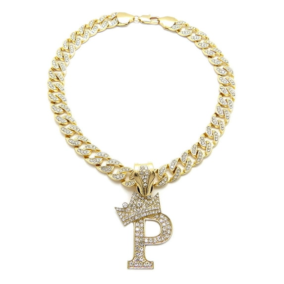 iJewelry2 Kings and Queens Crowned Initial Letter P Crystals Pendant Gold-tone Cuban Linked Chain Necklace