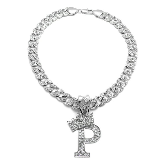 iJewelry2 Kings and Queens Crowned Initial Letter P Crystals Pendant Silver-tone Cuban Linked Chain Necklace