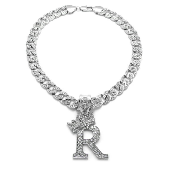 iJewelry2 Kings and Queens Crowned Initial Letter R Crystals Pendant Silver-tone Cuban Linked Chain Necklace