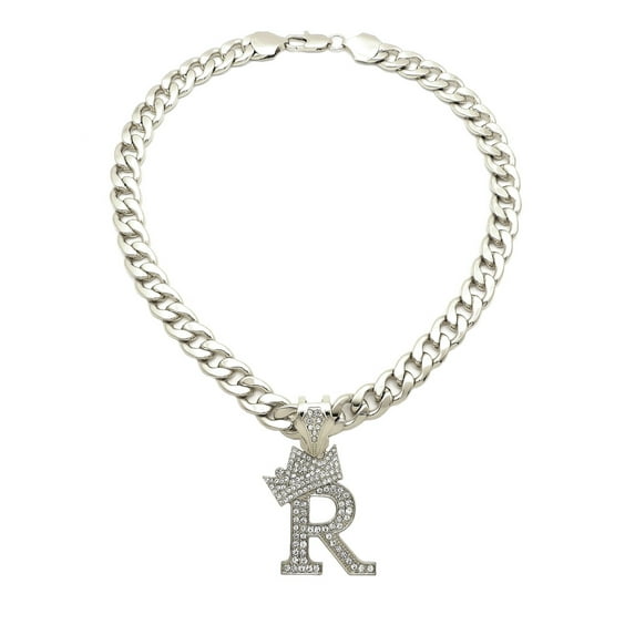 iJewelry2 Kings and Queens Crowned Initial Letter R Crystals Pendant Silver-tone Cuban Linked Chain Necklace