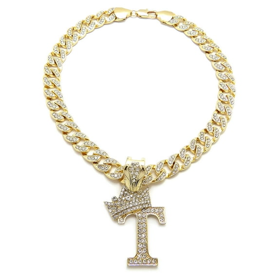 iJewelry2 Kings and Queens Crowned Initial Letter T Crystals Pendant Gold-tone Cuban Linked Chain Necklace