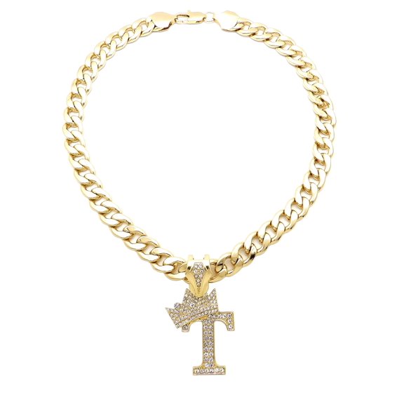iJewelry2 Kings and Queens Crowned Initial Letter T Crystals Pendant Gold-tone Cuban Linked Chain Necklace