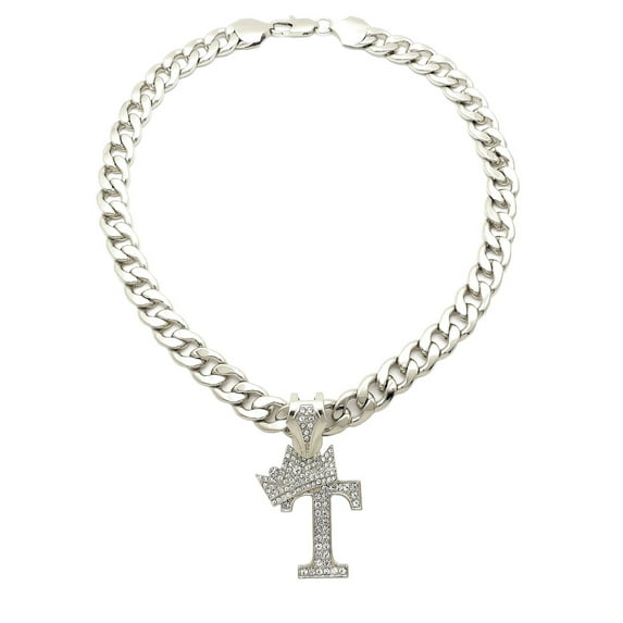 iJewelry2 Kings and Queens Crowned Initial Letter T Crystals Pendant Silver-tone Cuban Linked Chain Necklace