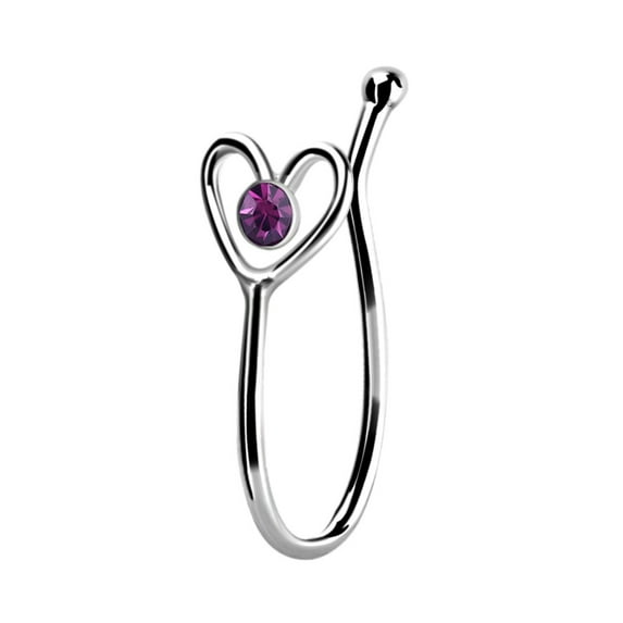 iJewelry2 Purple Round Crystal Sterling Silver Illusion Stud Heart Shaped Nose Lip Non-piercing Bone Ring Clip