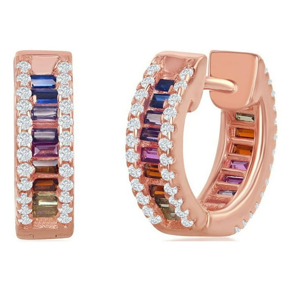 iJewelry2 Rose Gold Plated Sterling Silver Baguette Rainbow and Clear CZ Small Huggie Hoop Earrings