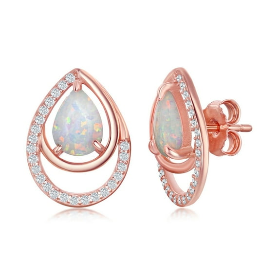 iJewelry2 Rose Gold Plated Sterling Silver Bordered CZ Pear-Shaped White Opal Stud Earrings