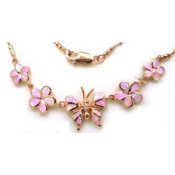 iJewelry2 Rose Gold Plated Sterling Silver Pink Inlay Opal Multiple Flowers and Center Butterfly Necklace 18''