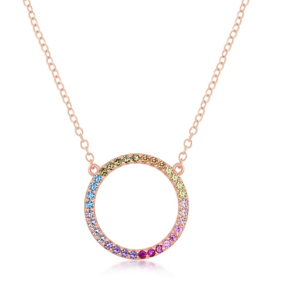 iJewelry2 Rose Gold Plated Sterling Silver Rainbow Multicolor CZ Circle of Life Pendant Necklace 18''