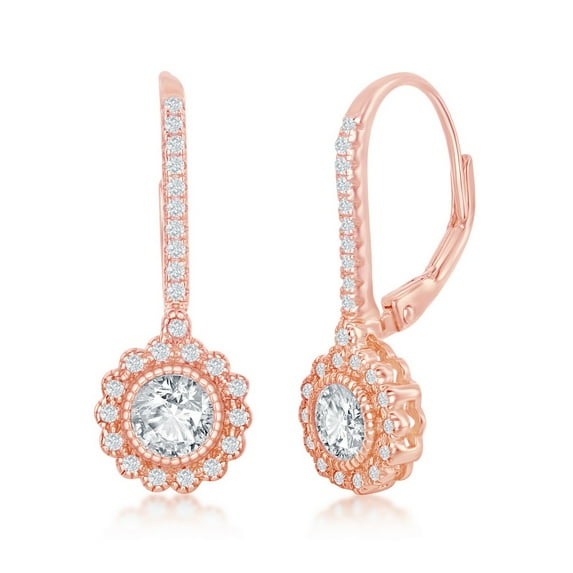iJewelry2 Rose Gold Plated Sterling Silver Round CZ Rose Flower Design Dangling Earrings