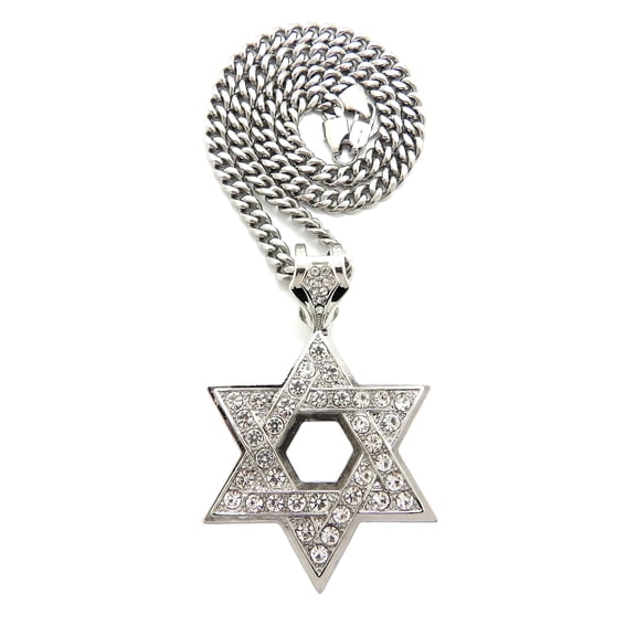 iJewelry2 Silver Tone Crystals Open Star of David Charm Pendant Stainless Steel Cuban Chain Necklace 30''