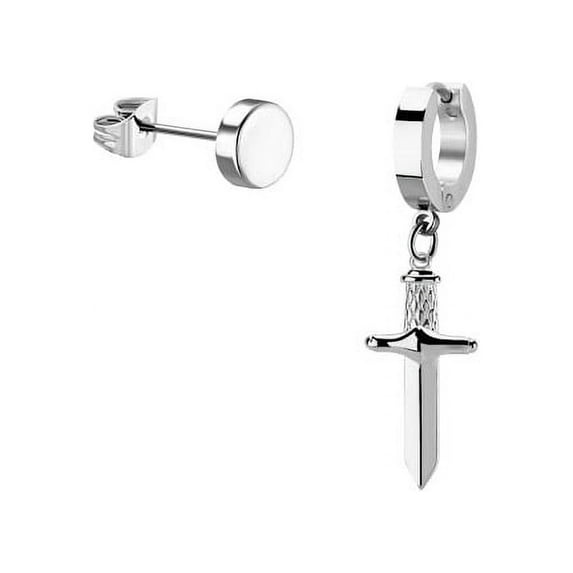 iJewelry2 Silver Tone Stainless Steel Dangling Sword Dagger Small Helix Huggie Hoop and Illusion Plug Stud Earrings