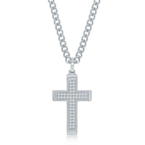 iJewelry2 Stainless Steel Polished Pave CZ Cross Pendant Curb Chain Necklace