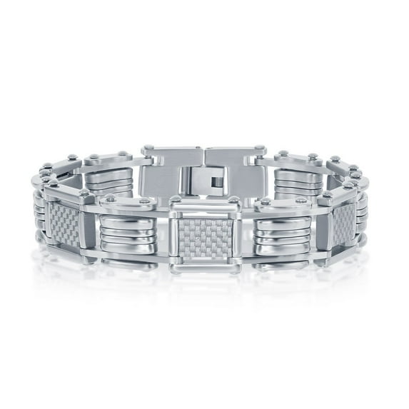iJewelry2 Stainless Steel White Carbon Fiber Biker Style Link Bracelet 8.5''
