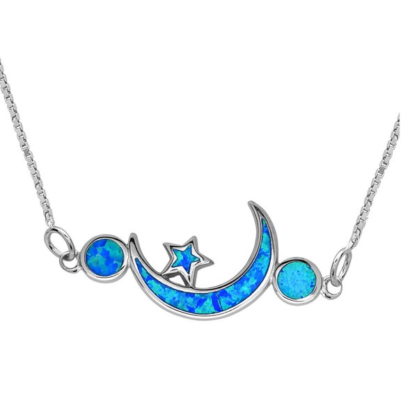 iJewelry2 Sterling Silver Blue Inlay Opal Crescent Moon with Small Star Pendant Necklace
