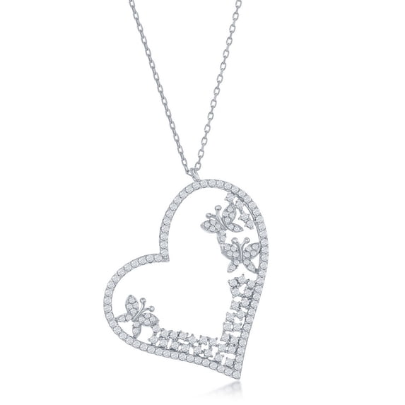 iJewelry2 Sterling Silver CZ Heart and Butterflies Necklace 18''