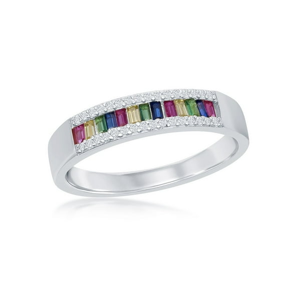 iJewelry2 Sterling Silver Channel Set Baguette Rainbow Multicolor and Clear CZ Border Band Ring Size 6