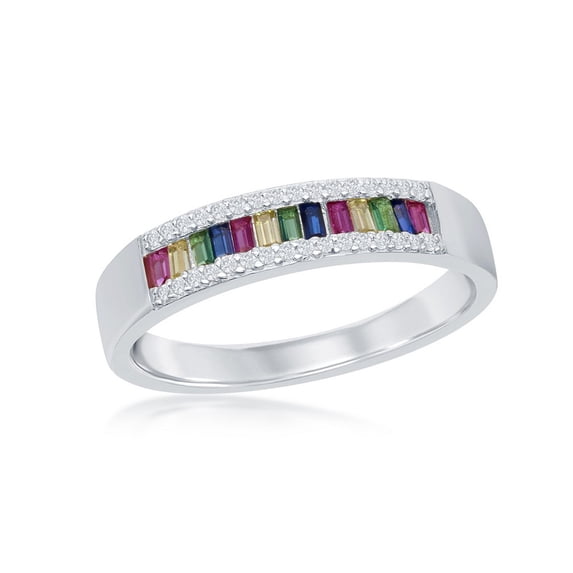 iJewelry2 Sterling Silver Channel Set Baguette Rainbow Multicolor and Clear CZ Border Band Ring Size 7