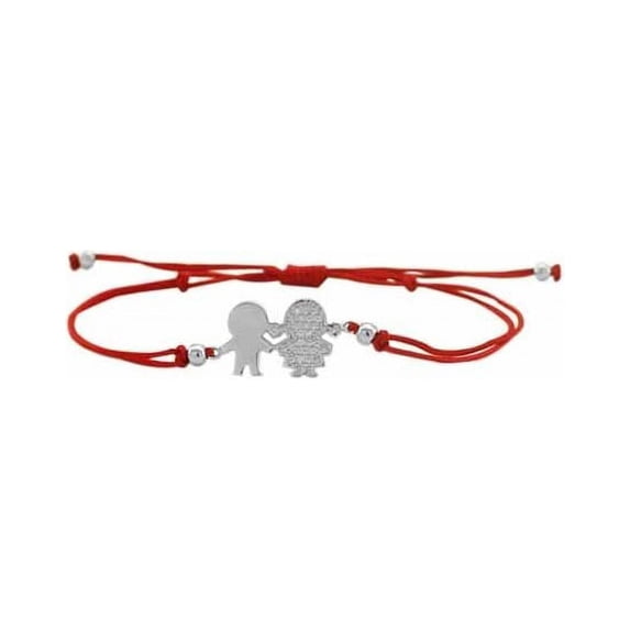iJewelry2 Sterling Silver Clear CZ Boy and Girl Paved Motif Red Cord Adjustable Bracelet