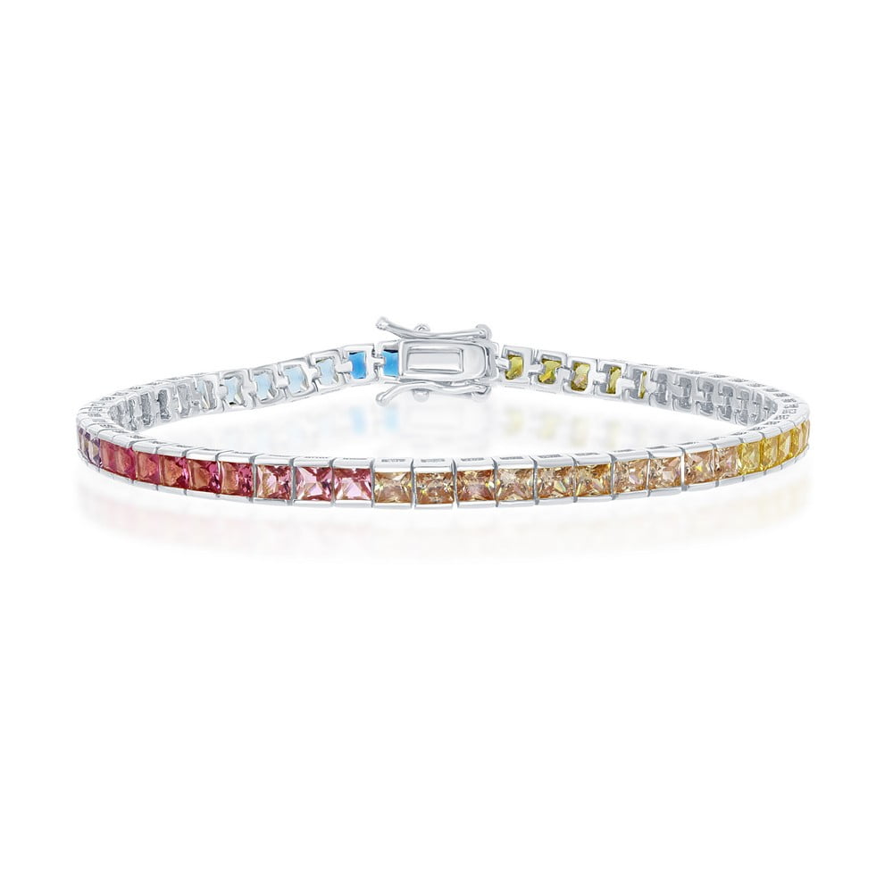Sterling Silver CZ 4mm Channel-Set Colorful Rainbow Adjustable Bracelet Sterling Silver CZ 4mm Channel-Set Colorful Rainbow Adjustable Bracelet