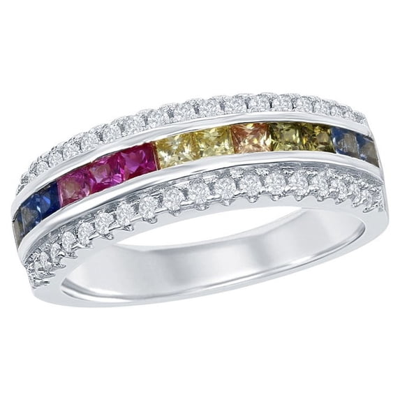 iJewelry2 Sterling Silver Half Center Channel Set Rainbow and Clear bordered CZ Band Ring Size 8