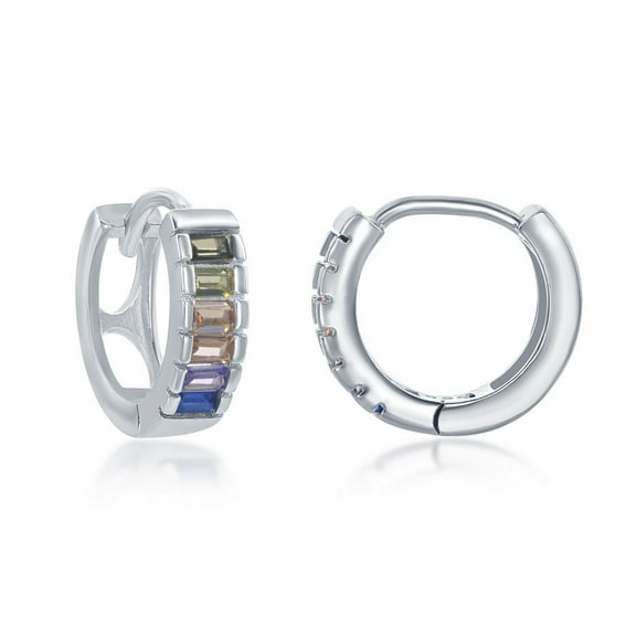 iJewelry2 Sterling Silver Half Center Channel-set Rainbow Multi-color CZ Open Hoop Earrings