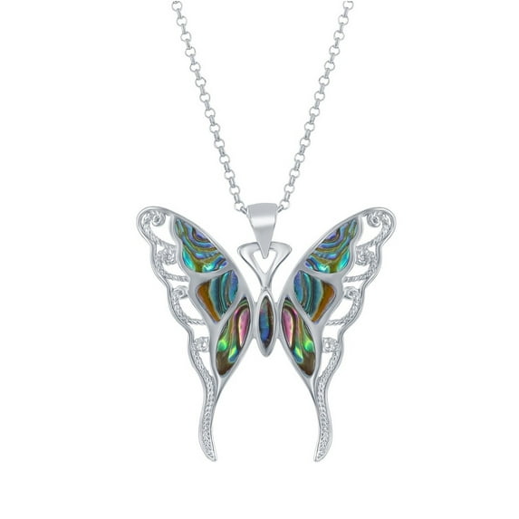 iJewelry2 Sterling Silver Large Abalone Butterfly Shaped Pendant Necklace 16''+2''