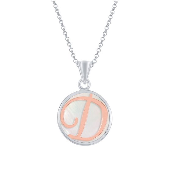 iJewelry2 Sterling Silver MOP Round Pendant with Rose Gold Script Initial Letter D Chain Necklace 18''