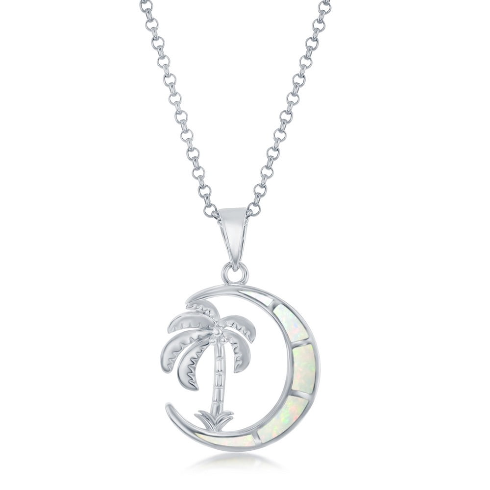iJewelry2 Sterling Silver Palm Tree White Opal Crescent Moon Pendant ...