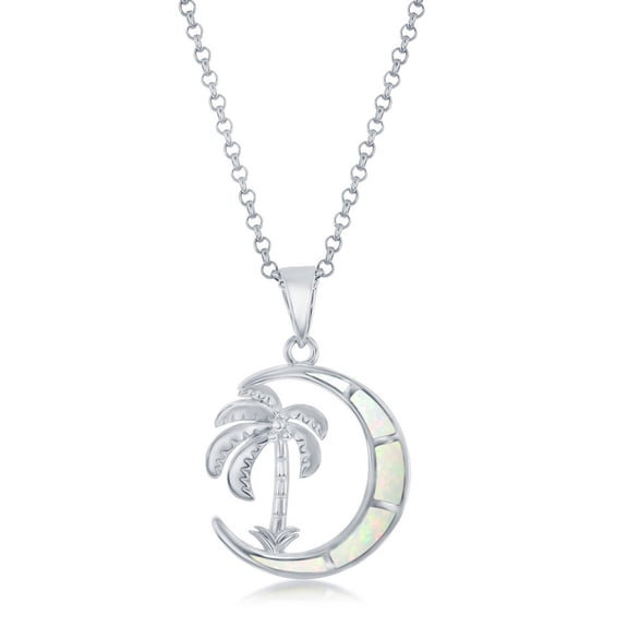 iJewelry2 Sterling Silver Palm Tree White Opal Crescent Moon Pendant Necklace
