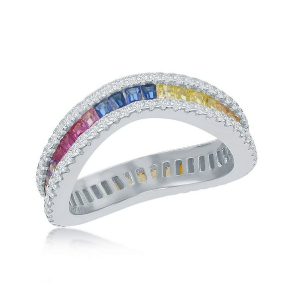 iJewelry2 Sterling Silver Rainbow Multicolor Baguette and Clear Round CZ Wavy Band Ring Size 8