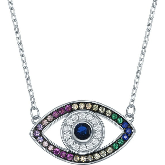 iJewelry2 Sterling Silver Rainbow Round CZ Evil Eye Pendant Chain Necklace 18''