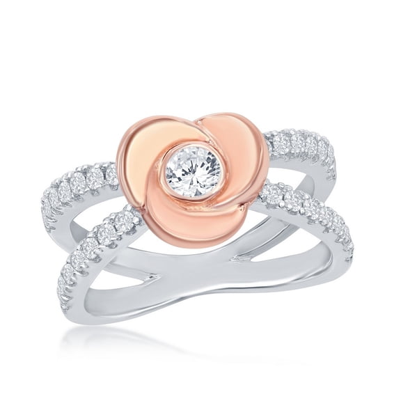 iJewelry2 Sterling Silver Rose Gold Plated Flower Shape Round and Micro Pave CZ Open Band Ring