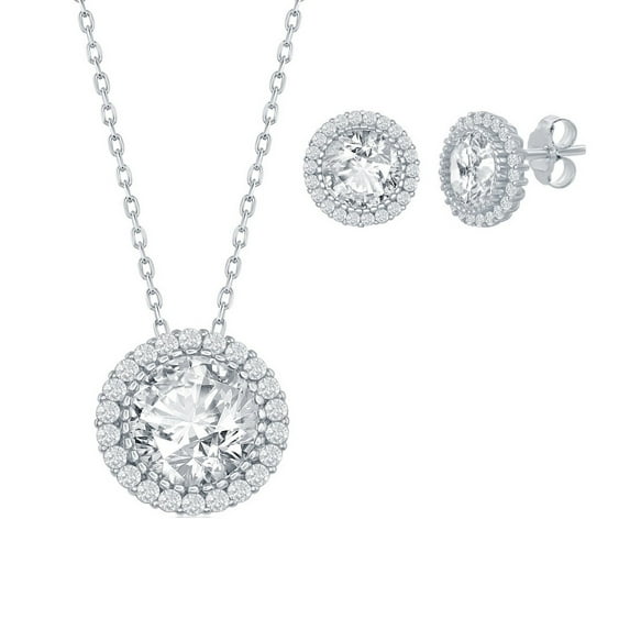 iJewelry2 Sterling Silver Round Halo CZ Necklace and Earrings Set