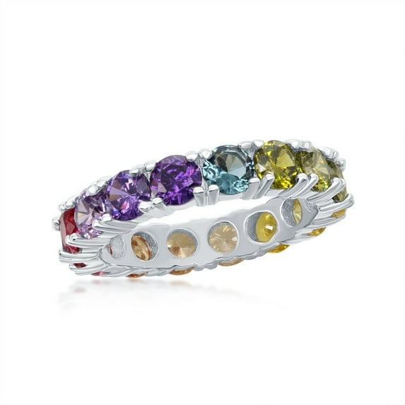 iJewelry2 Sterling Silver Round Rainbow Multicolor Prong Set CZ Eternity Band Ring Size 9