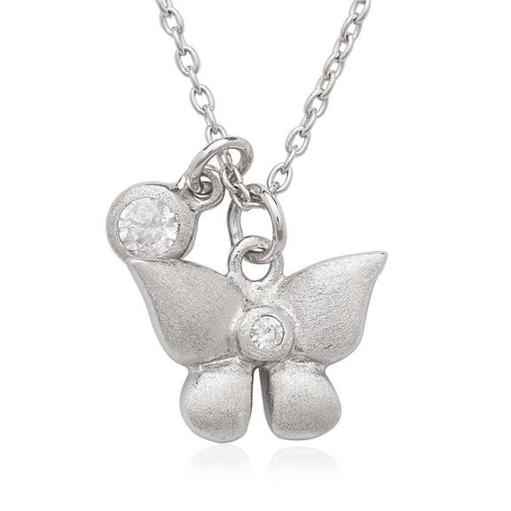 iJewelry2 Sterling Silver Small Bezel Set CZ with Butterfly Double Pendant Necklace 18''