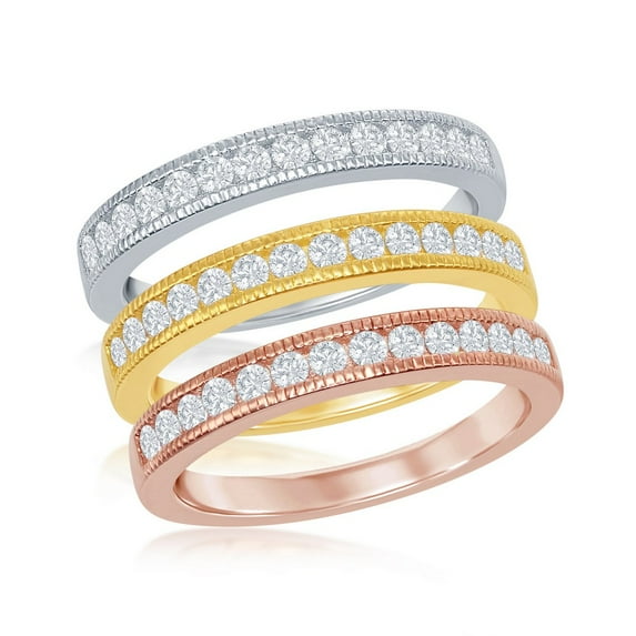 iJewelry2 Tri-color Sterling Silver Clear CZ Encrusted Triple Band Ring Size 9
