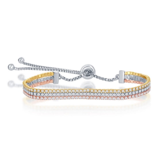 iJewelry2 Tri-color Sterling Silver Three Strand Clear CZ Tennis Adjustable Bolo Bracelet