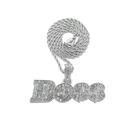 iJewelry2 Urban BOSS Script Pendant with Crystals Encrusted Silver-tone Rope Chain Necklace